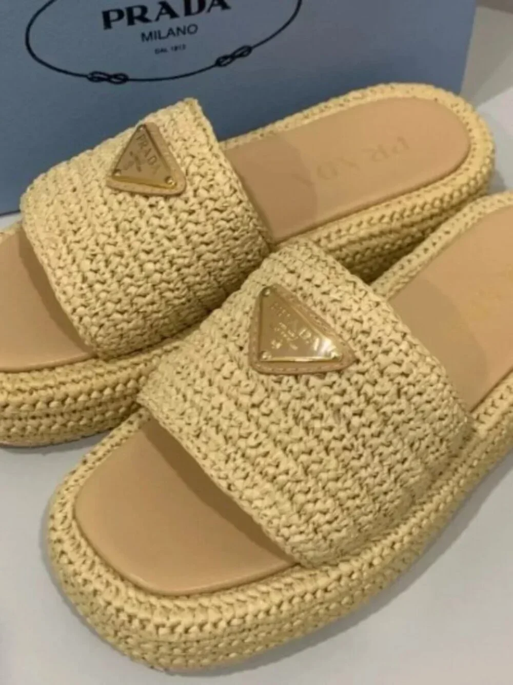 Prada Beige Woven Raffia Slide Sandals